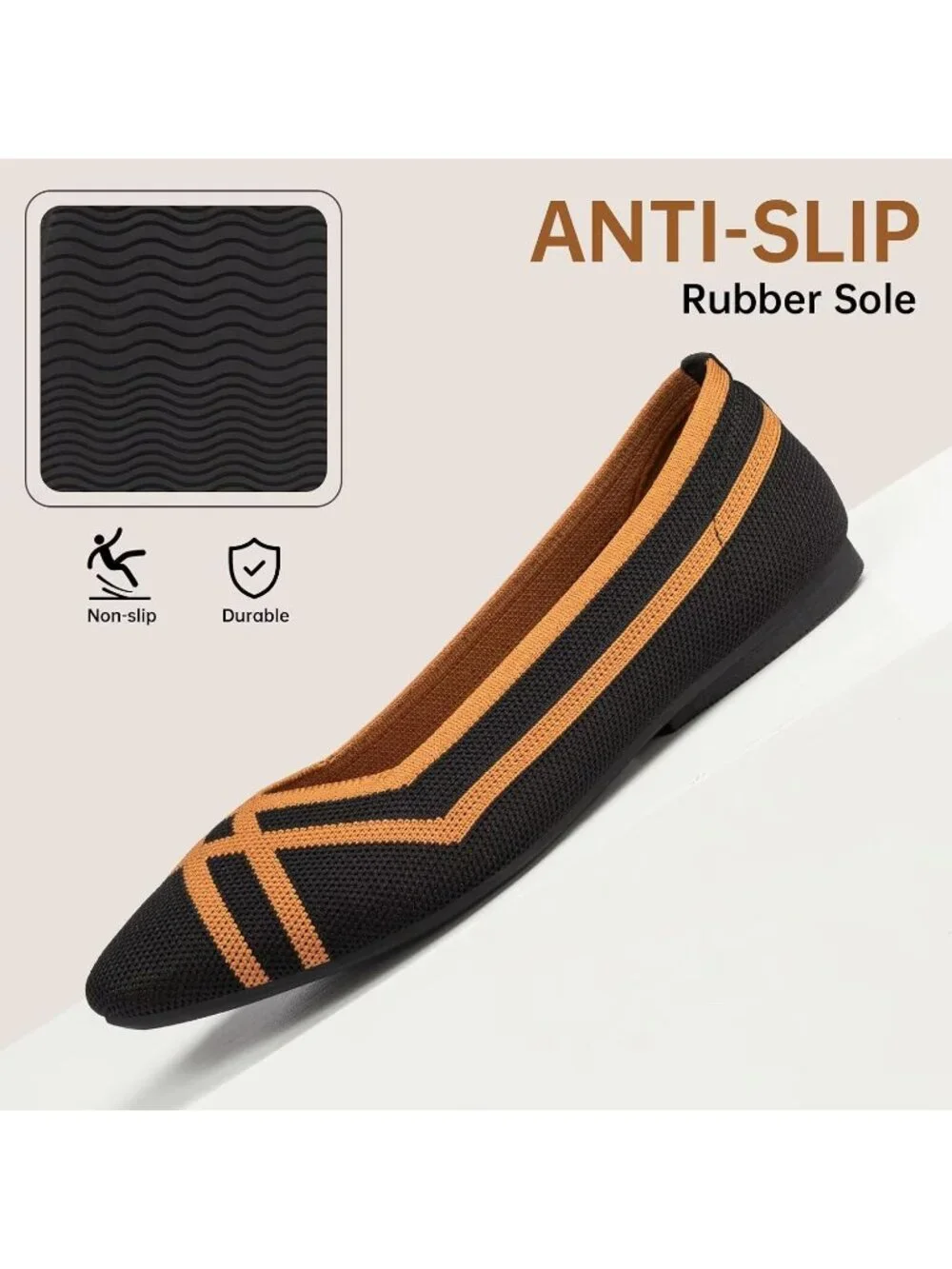 Frank Mully Women's Black Orange Rubber Knit Square Toe Comfortable Slip On Flat